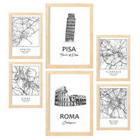 POSTER Set Mit 6 Drucke Von Italien Von Karten In Schwarz Weiß A3 & A4 Rahmen Aus Hellem Holz - Beige, Papier (29/3cm) - Nacnic
