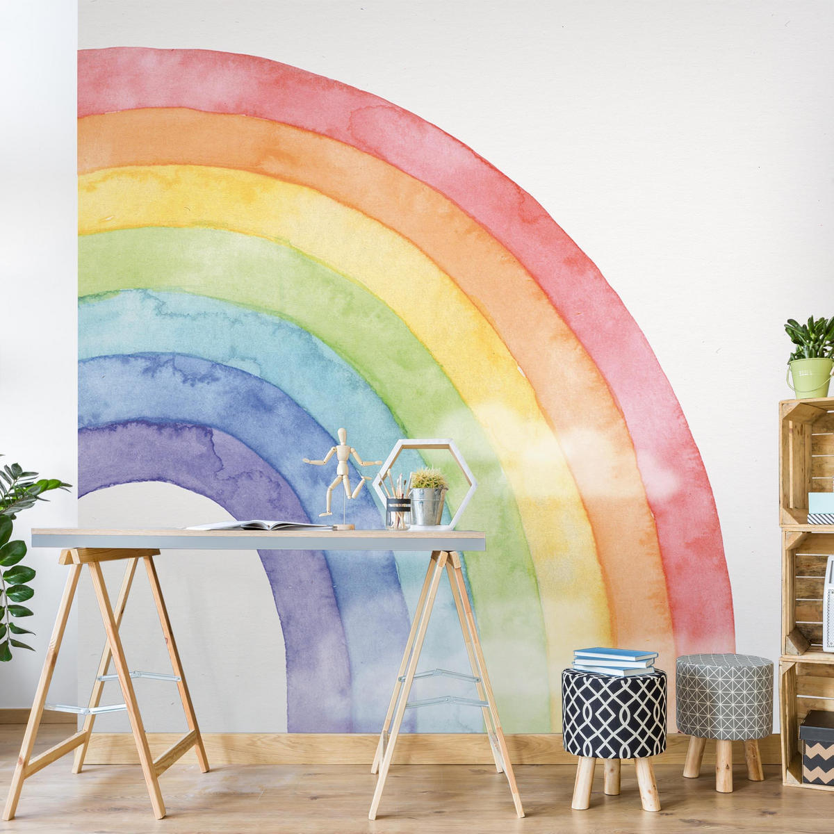 FOTOTAPETE Regenbogen und Wolken Wasserfarben 288/288 cm - Multicolor, Papier (288/288cm) - Bilderwelten