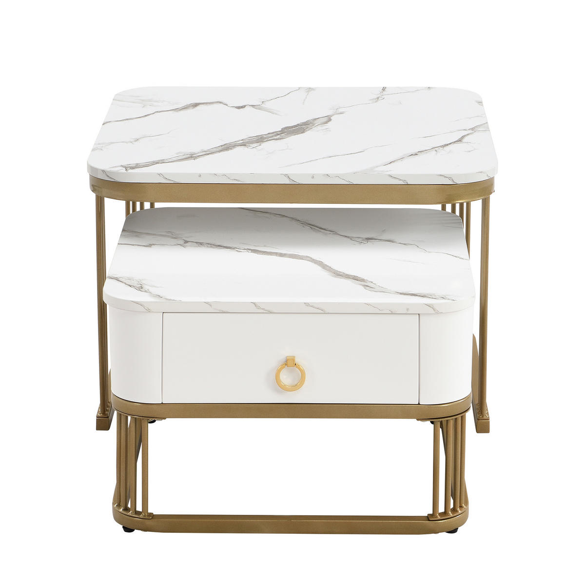 COUCHTISCH-SET in Weiß mit Schubladen und goldenen Beinen für Wohnzimmer, B60/T60/H45 cm - Goldfarben/Weiß, Holzwerkstoff (60/60/45cm) - STILVORA