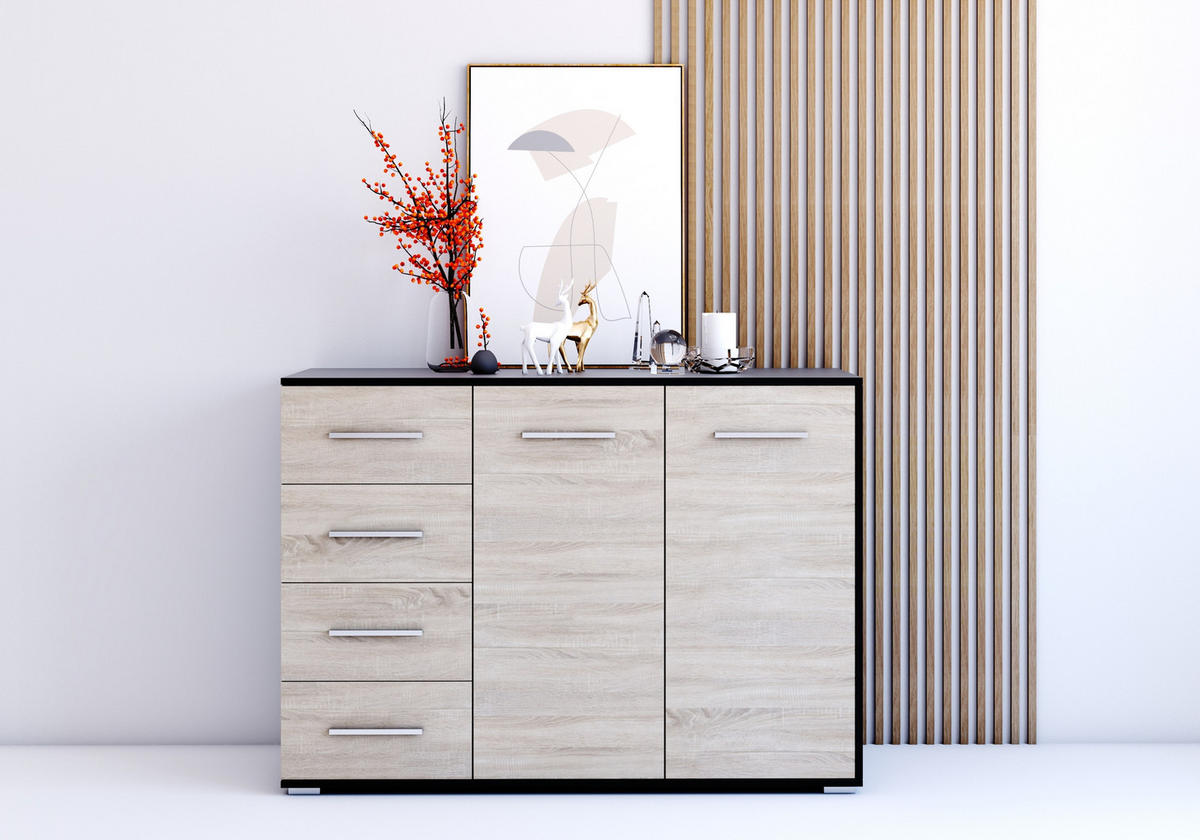 KOMMODE - Highboard IRYS 01 2D4S Schwarz + Sonoma - Schwarz/Sonoma Eiche, Holzwerkstoff (135/95/45cm) - Möblo