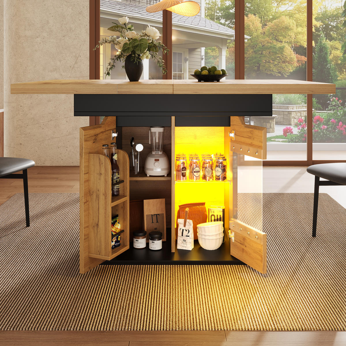 ESSTISCH in Naturfarben und Schwarz mit LED-Beleuchtung und Schranktüren für Küche, B110-140/T80/H76 cm - Schwarz/Naturfarben, Glas/Holzwerkstoff (80/140/76cm) - STILVORA