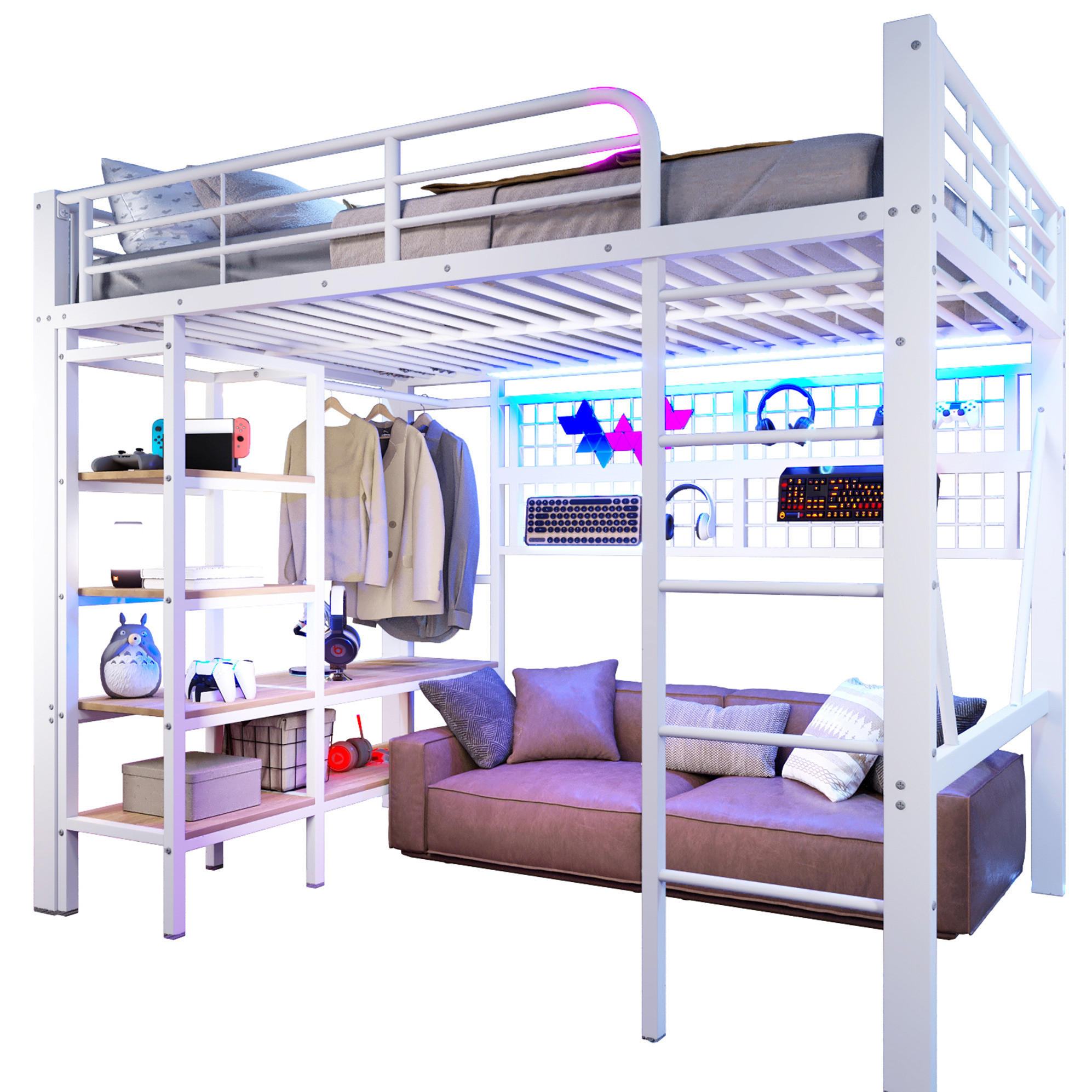 HOCHBETT 140/200 cm aus Metall mit LED-Beleuchtung, Ablagefach, Hängenetz und Kleiderstange, Weiß - Weiß, Metall (140/200cm) - Redom