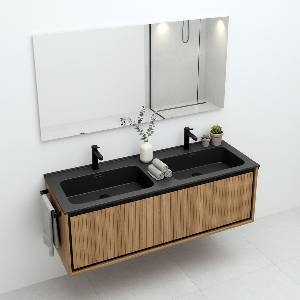 WASCHTISCHKOMBI Schwarz schwebend mit Doppelbecken - Eiche San Remo, Holzwerkstoff/Kunststoff (121/46.5/46cm) - Urban Meuble