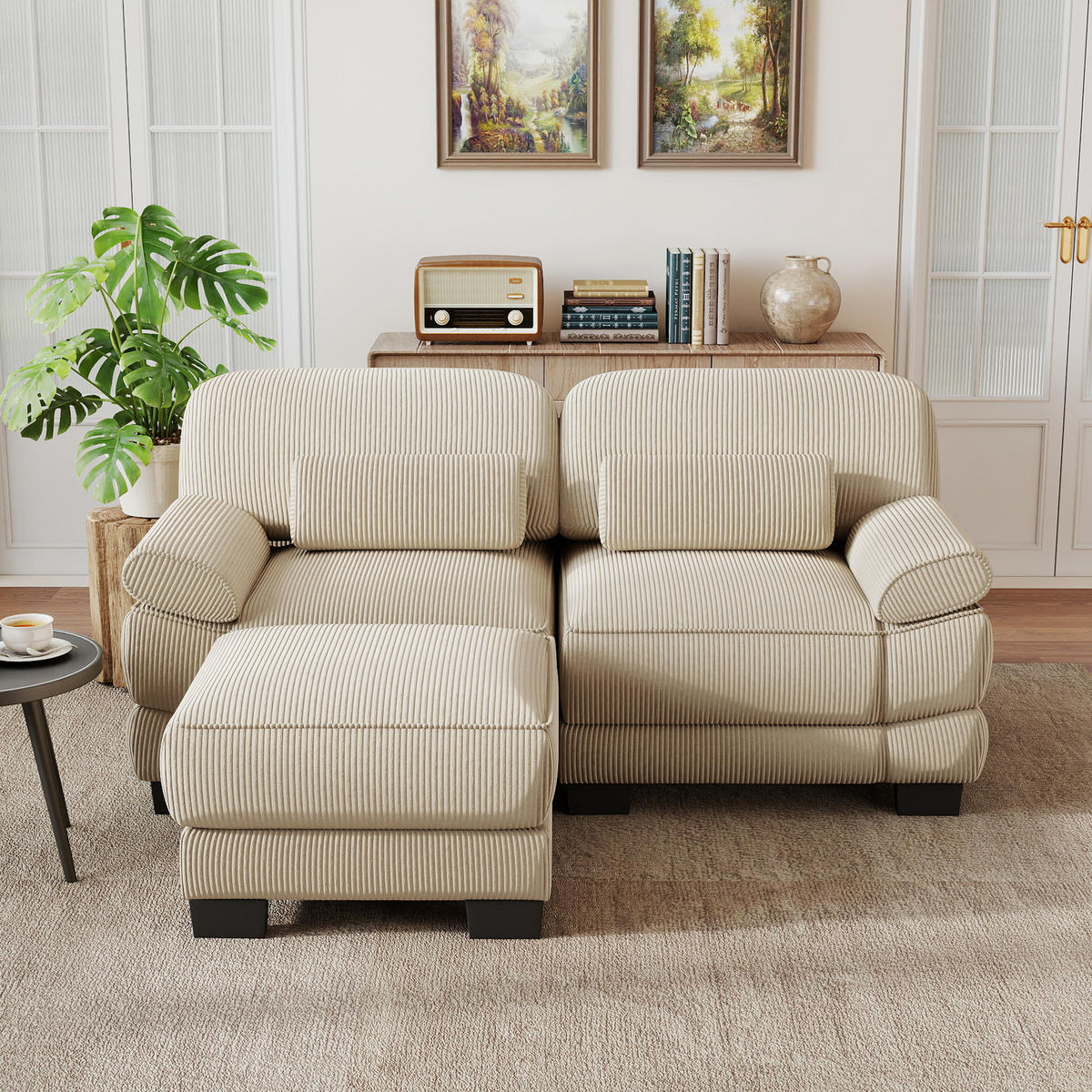 ECKSOFA 2-Sitzer L-Form mit Hocker, DE-42659, Beige - Beige, Holz (194/161cm) - ComfortXL