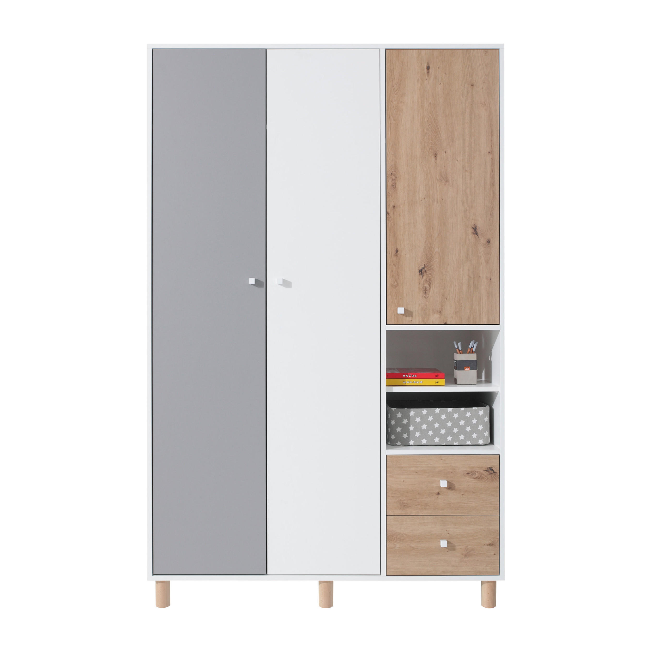 Beautysofa Drehtürenschrank Weiß, Grau, Eiche Artisan 120x190x50 cm
