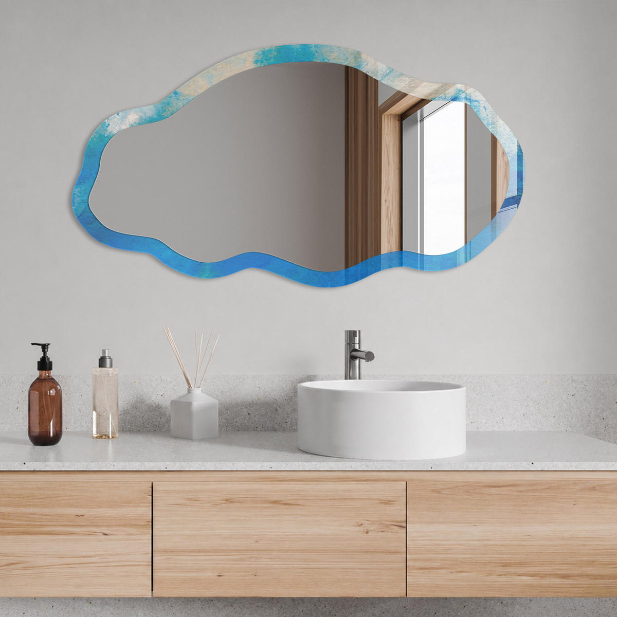 SPIEGEL 90x45 cm asymmetrisch mit Druck - Blaue Abstraktion - Transparent, Glas (45/90/0.4cm) - TULUP
