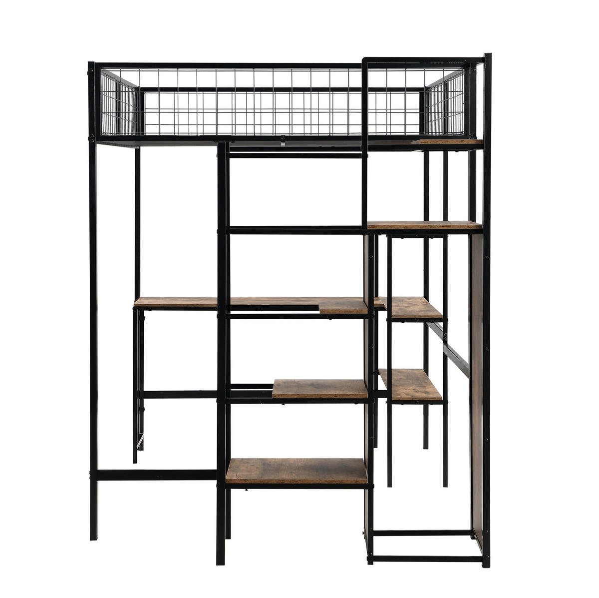 HOCHBETT 140/200 cm aus Metall und MDF mit Schreibtisch, Regalen und Kleiderschrank Schwarz/Braun - Schwarz, Metall (140/200cm) - Modenvie