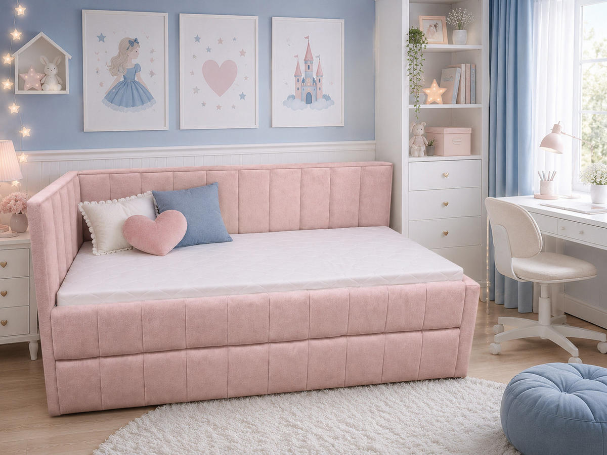 POLSTER-KINDERBETT LUKA 90x200 cm, links, mit Ausziehbett – Rosa - Rosa, Textil - KS Home Concept