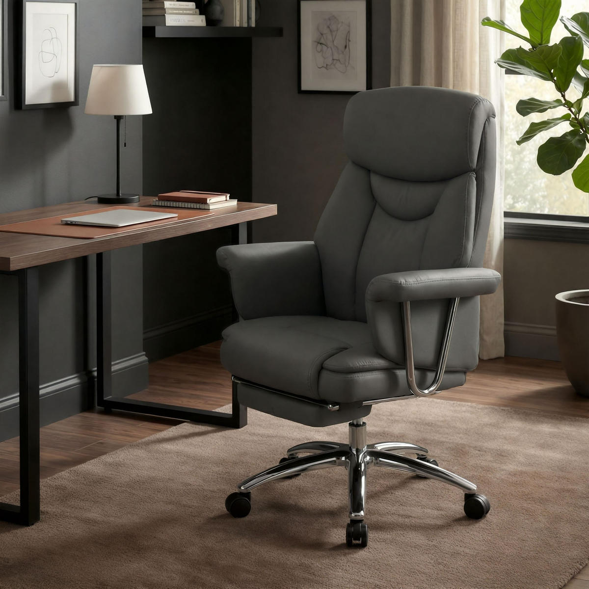 CHEFSESSEL Echtleder Grau - Chromfarben/Grau, Leder/Metall (78/114/66cm) - CLP