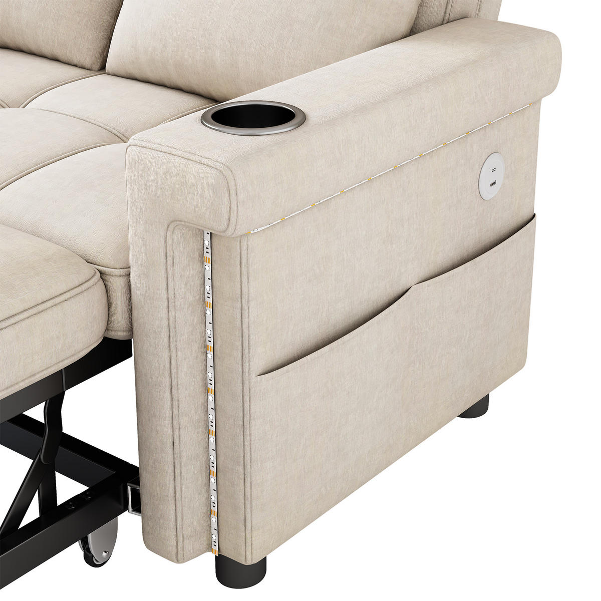 SCHLAFSOFA 2-Sitzer, Beige, Chenille, LED, USB/Type-C - Beige, Textil (141.5/90/145cm)