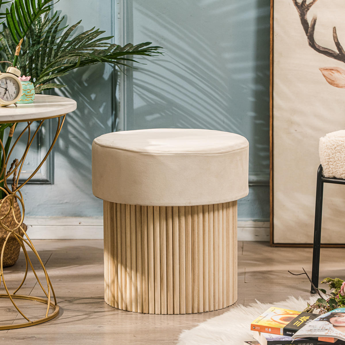 HOCKER Samt Beige - Beige, Textil (43/45/43cm) - Nordlys