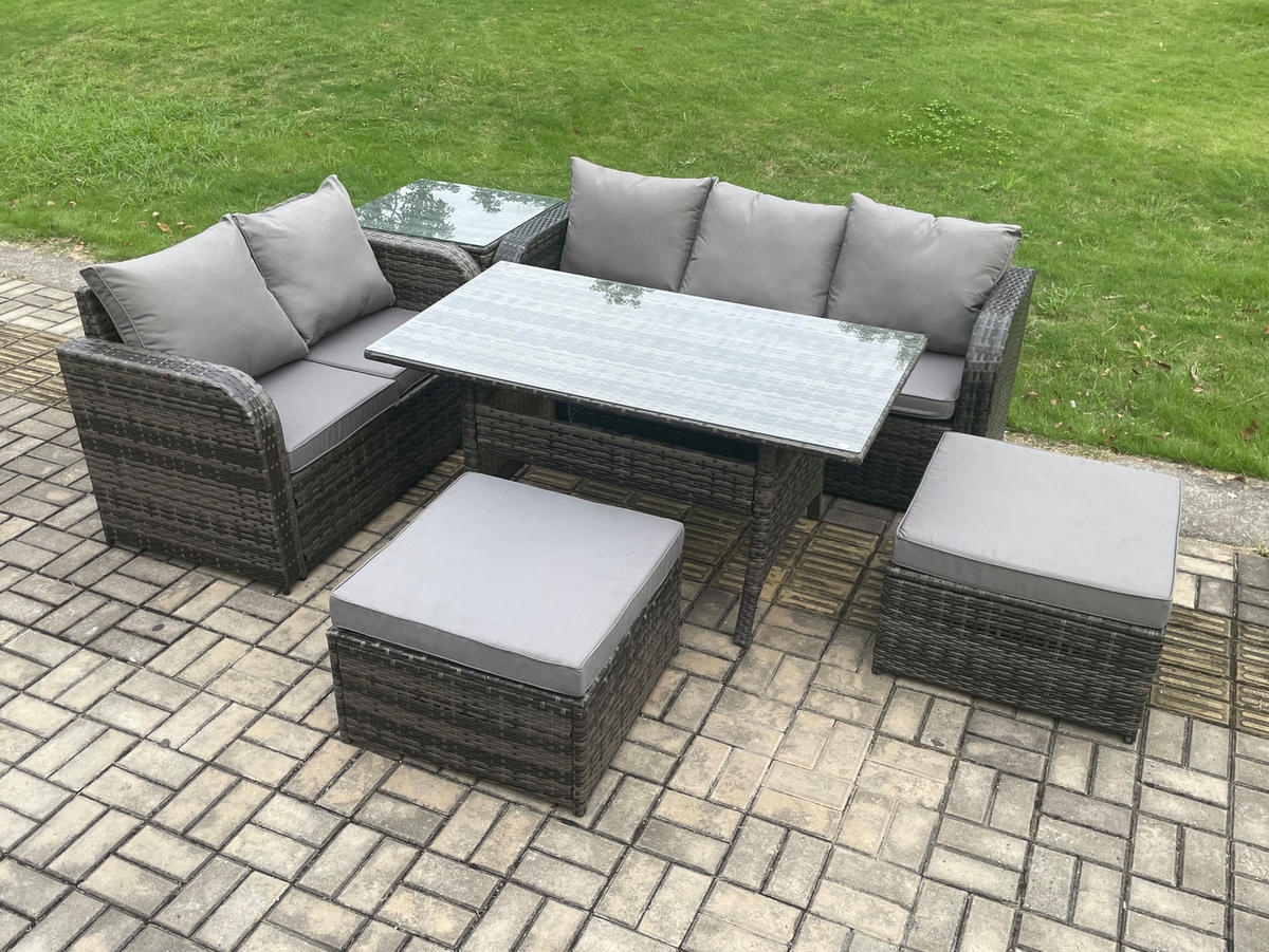 GARTENGARNITUR mit 3-Sitzer Sofa,2 Hockern,Beistelltisch Polyrattan Dunkelgrau 7-Sitzer - Dunkelgrau/Grau, Glas/Kunststoff - Fimous