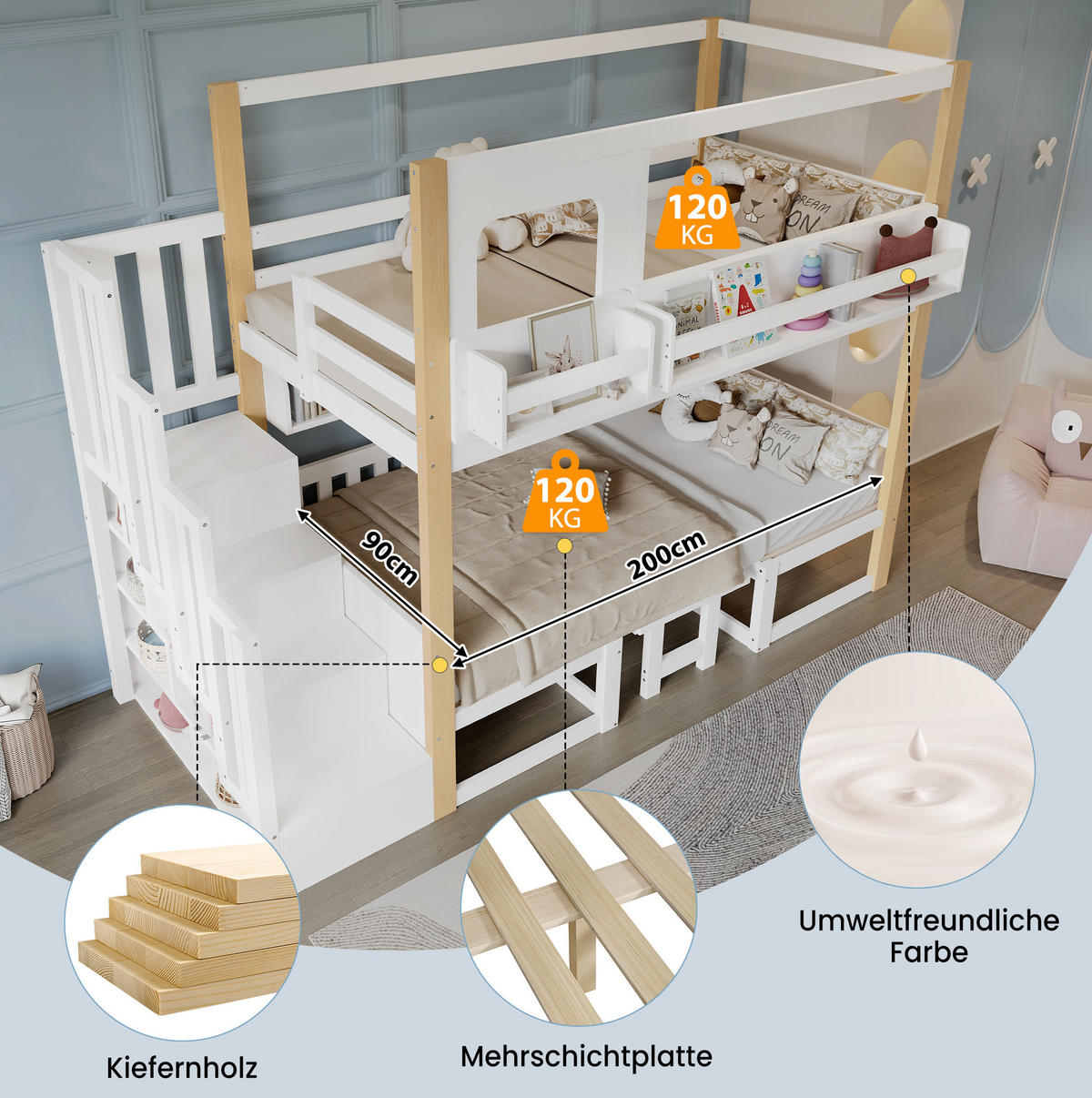 ETAGENBETT 90/200 cm in Weiß/Natur mit Aufbewahrungstreppe und Klapptisch - Weiß, Holz (90/200cm) - OKMYHOME