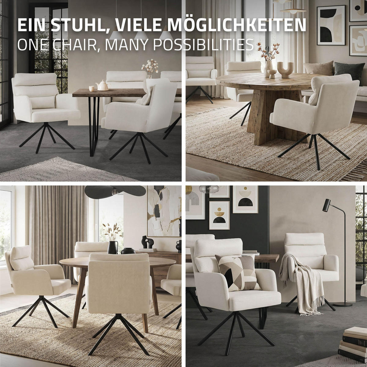 ESSZIMMERSTUHL 2er Set drehbar Beige Stoffbezug - Beige/Schwarz, Textil/Metall (64.5/93/64cm) - ML-DESIGN
