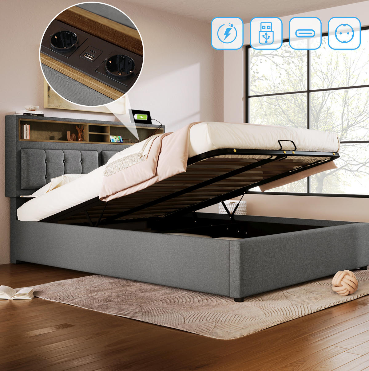 ČALÚNENÁ posteľ z ľanového materiálu 140x200 cm sivá s nastaviteľným čelom, USB a úložným priestorom - sivá, textil (140/200cm) - Modfu