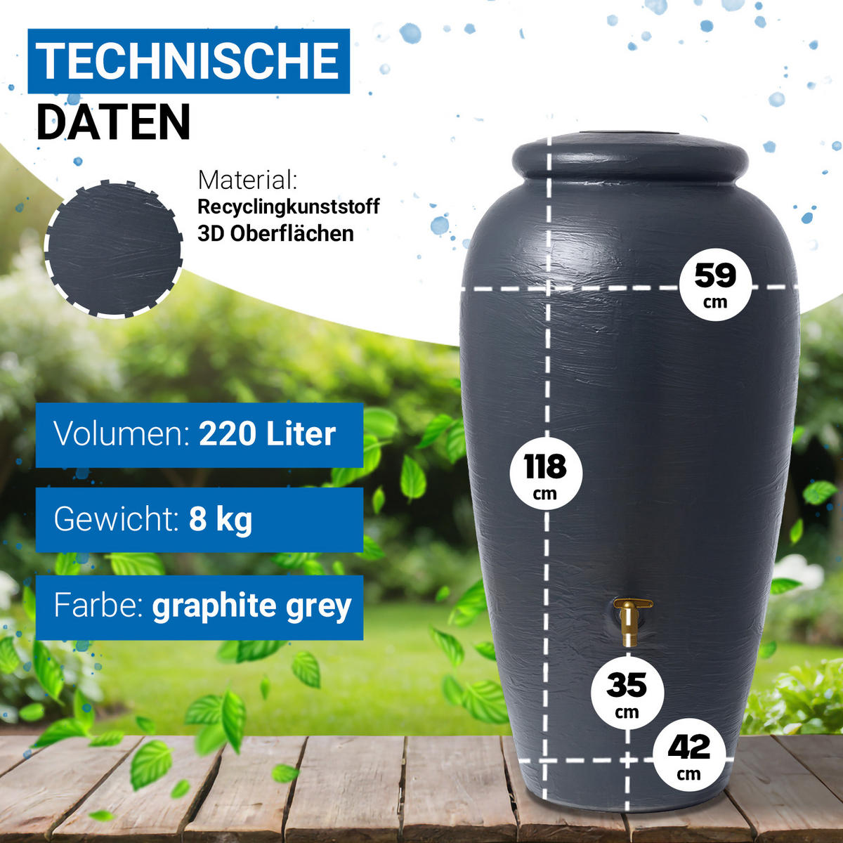 REGENTONNE 220 L, graphite grey - Grau, Kunststoff (59/118/60cm) - 4rain