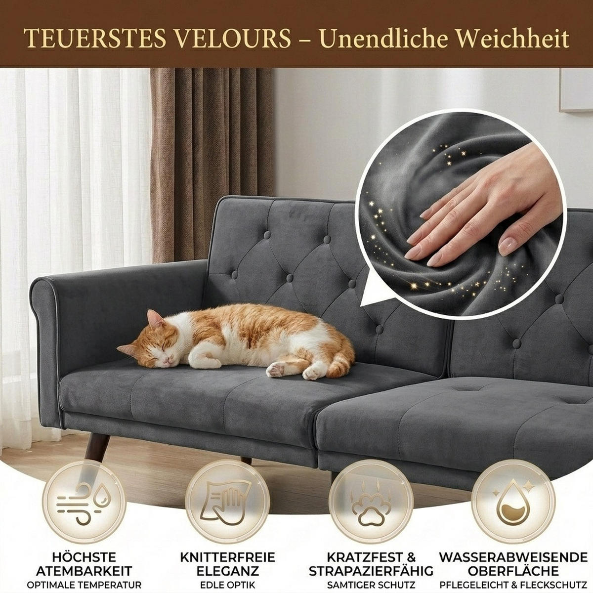 SCHLAFSOFA 150/89/70 cm in Grau Samt mit Verstellbarer Rückenlehne - Grau, Textil (172/70/89cm) - Oxeza
