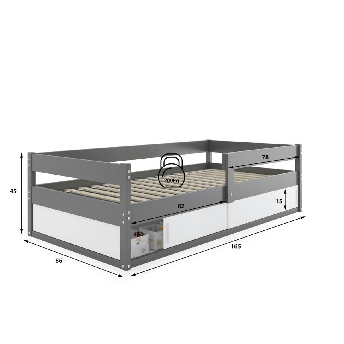 KINDERBETT Hugo 160x80cm mit Lattenrost - Grau, Holz (80/160cm) - Interbeds