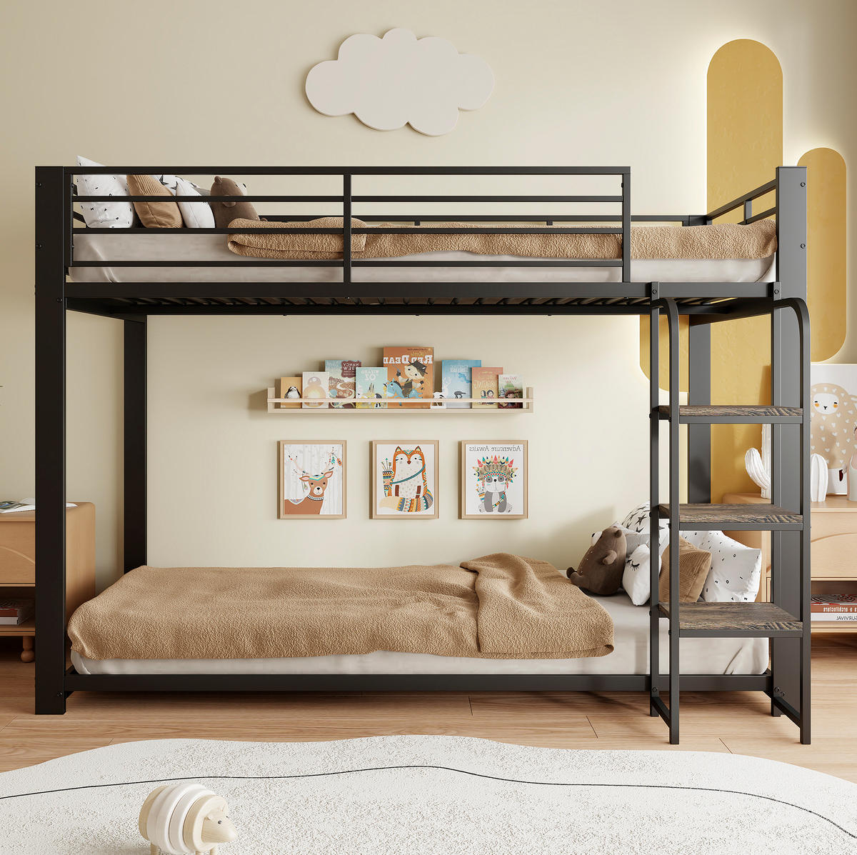 ETAGENBETT aus Metall und MDF 90x200 cm Schwarz mit breiten Holzstufen und Schutzgitter - Schwarz, Holzwerkstoff (90/200cm) - IVMEU
