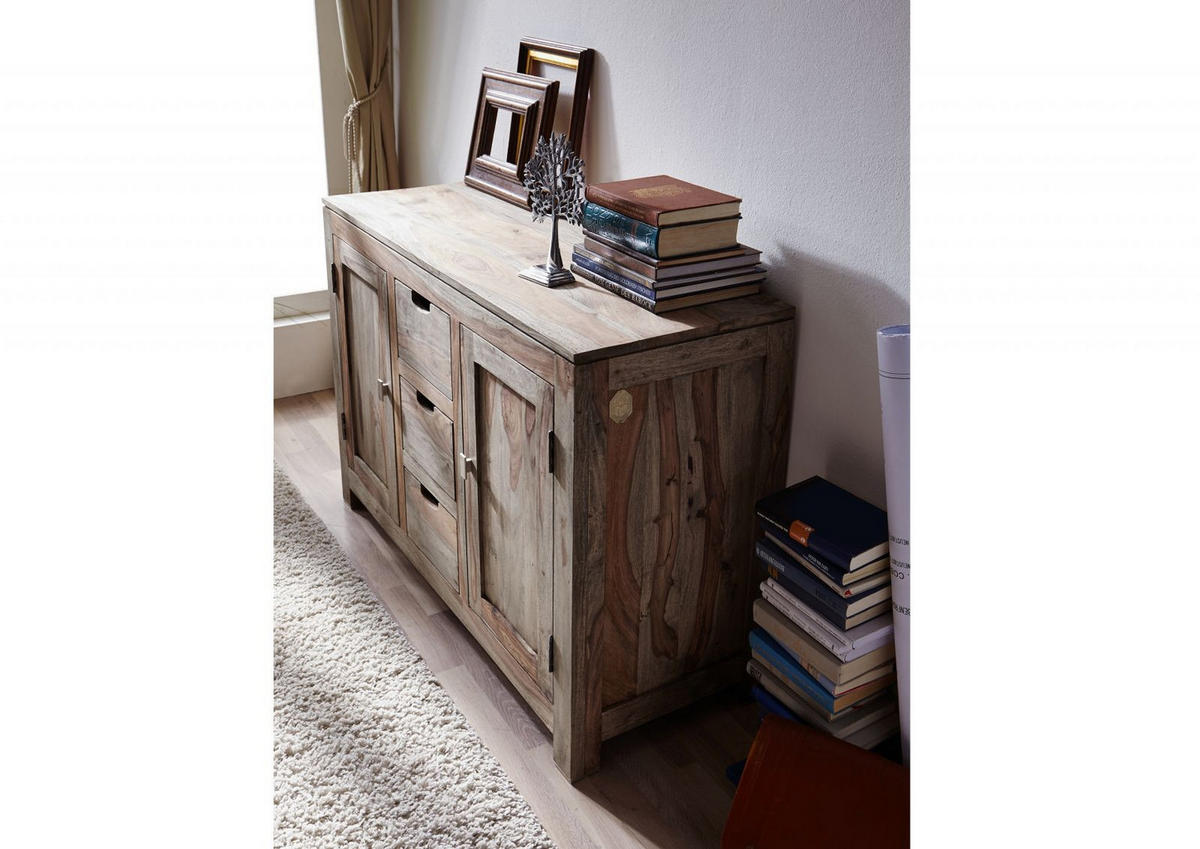 SIDEBOARD Sheesham 120x45x85 grau geölt NATURE GREY #83 - Grau, Holz (120/85/45cm) - Massivmoebel24