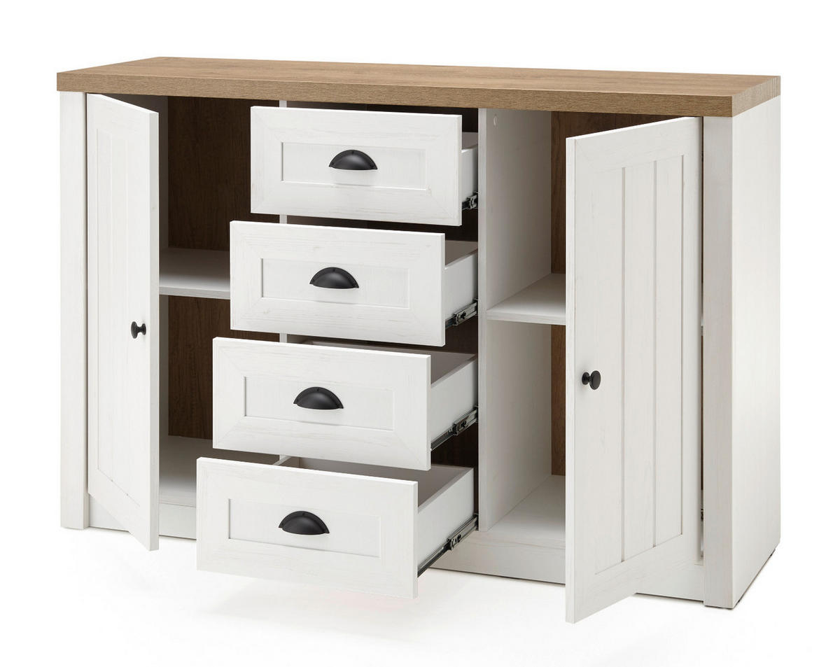 WOHNWAND weiß Pinie, Eiche hell 4-teilig 270 cm, Wohnkombination Landhaus-Stil - Eichefarben/Schwarz, Holzwerkstoff/Kunststoff (270/198/43cm) - Furn.Design