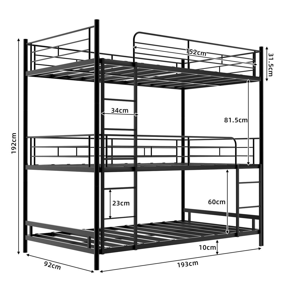 ETAGENBETT für 3 Schlafplätze mit Leitern und Schutzgittern Eisen Schwarz - Schwarz, Holzwerkstoff (90/190cm) - Beauniv