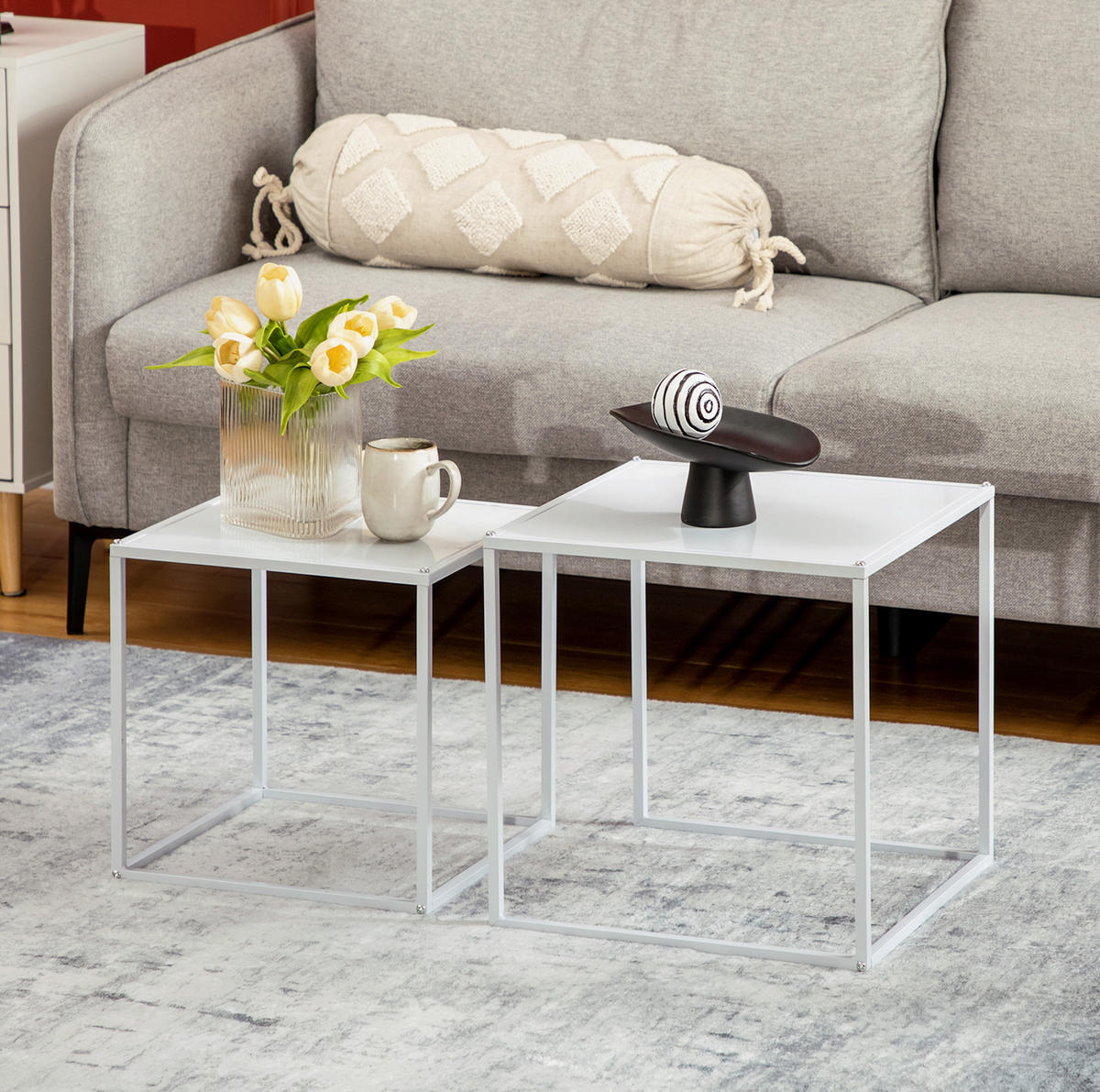 COUCHTISCH-SET 40/40/40 und 35/35/35 cm, 2-teilig mit Stahlgestell und quadratischer Tischplatte, Weiß - Weiß, Metall (40/40/40cm) - Redom