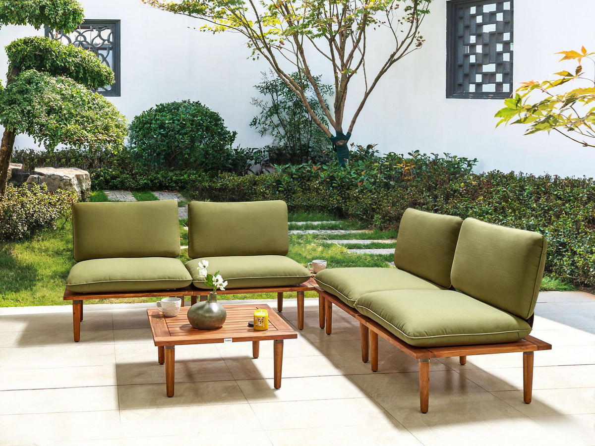 4-SITZER LOUNGE SET zertifiziertes Akazienholz hellbraun modular Auflagen olivgrün Frascati - Hellbraun/Grün, Holz (70/70/80cm) - Beliani
