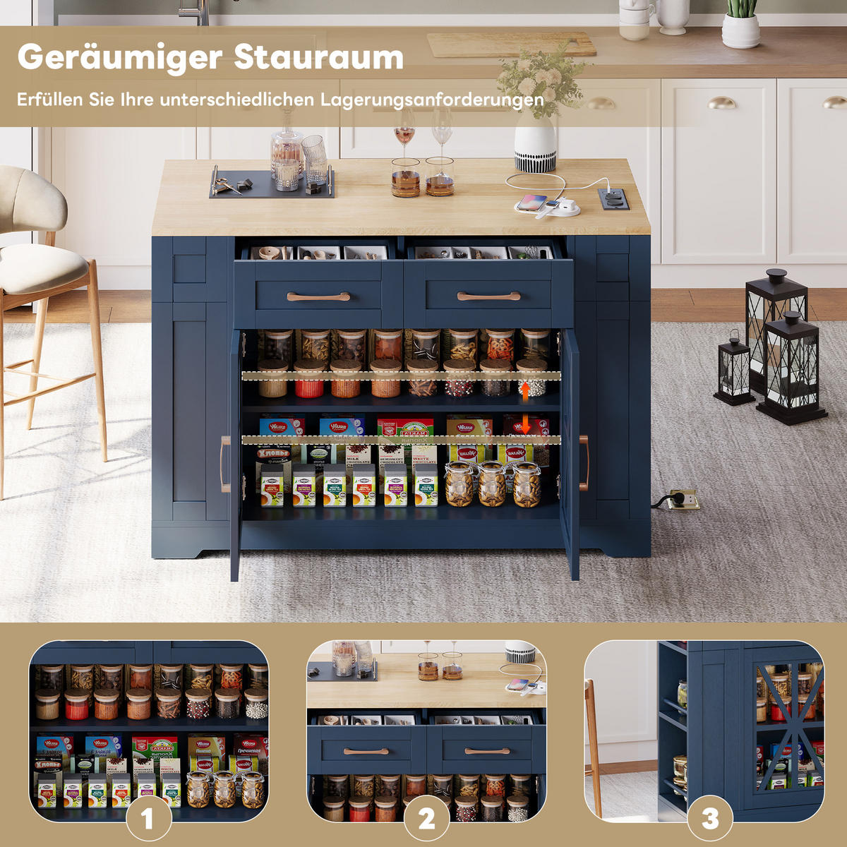 KÜCHENINSEL 120/40(65)/92 cm Blau mit Klappbarem Esstisch, 2 Steckdosen, USB, 2 Schubladen und Offenen Regalen - Blau, Holz/Holzwerkstoff (65/92/120cm) - Oxeza