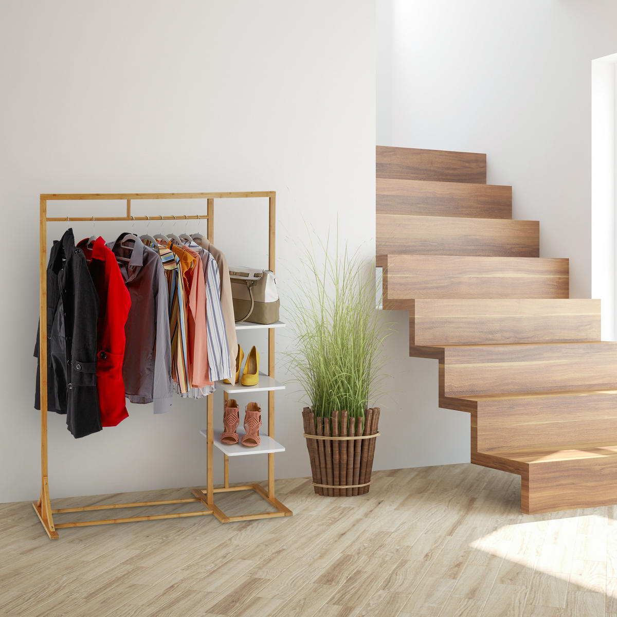 KLEIDERSTÄNDER - Hellbraun, Holz/Holzwerkstoff (120/155/40cm) - Relaxdays