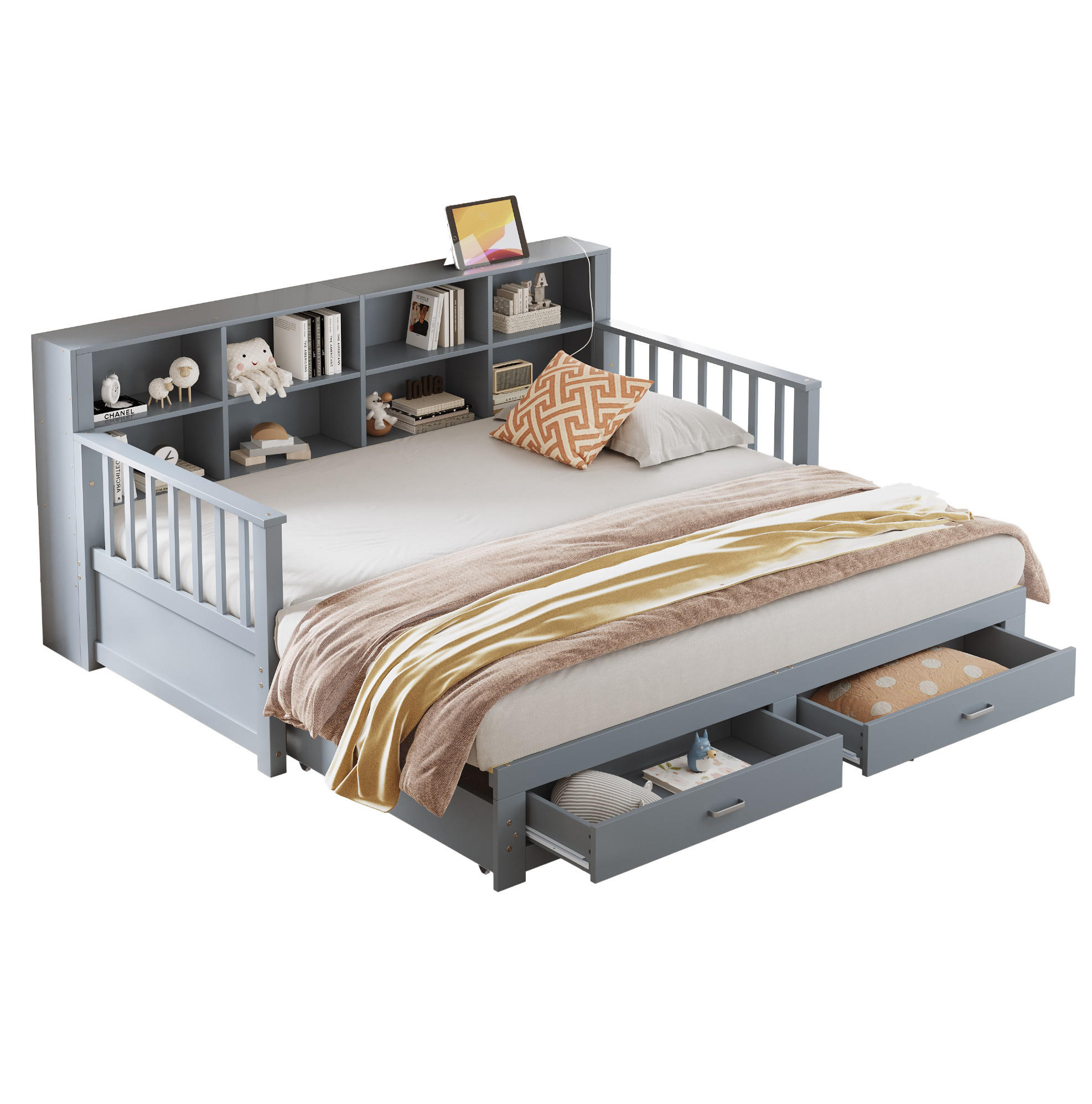 BETT aus Kiefer 90x190/180x190 cm Grau mit Ausziehfunktion, Stauraum, Steckdose und 2 Schubladen - Grau, Holzwerkstoff (90/190cm) - Modfu