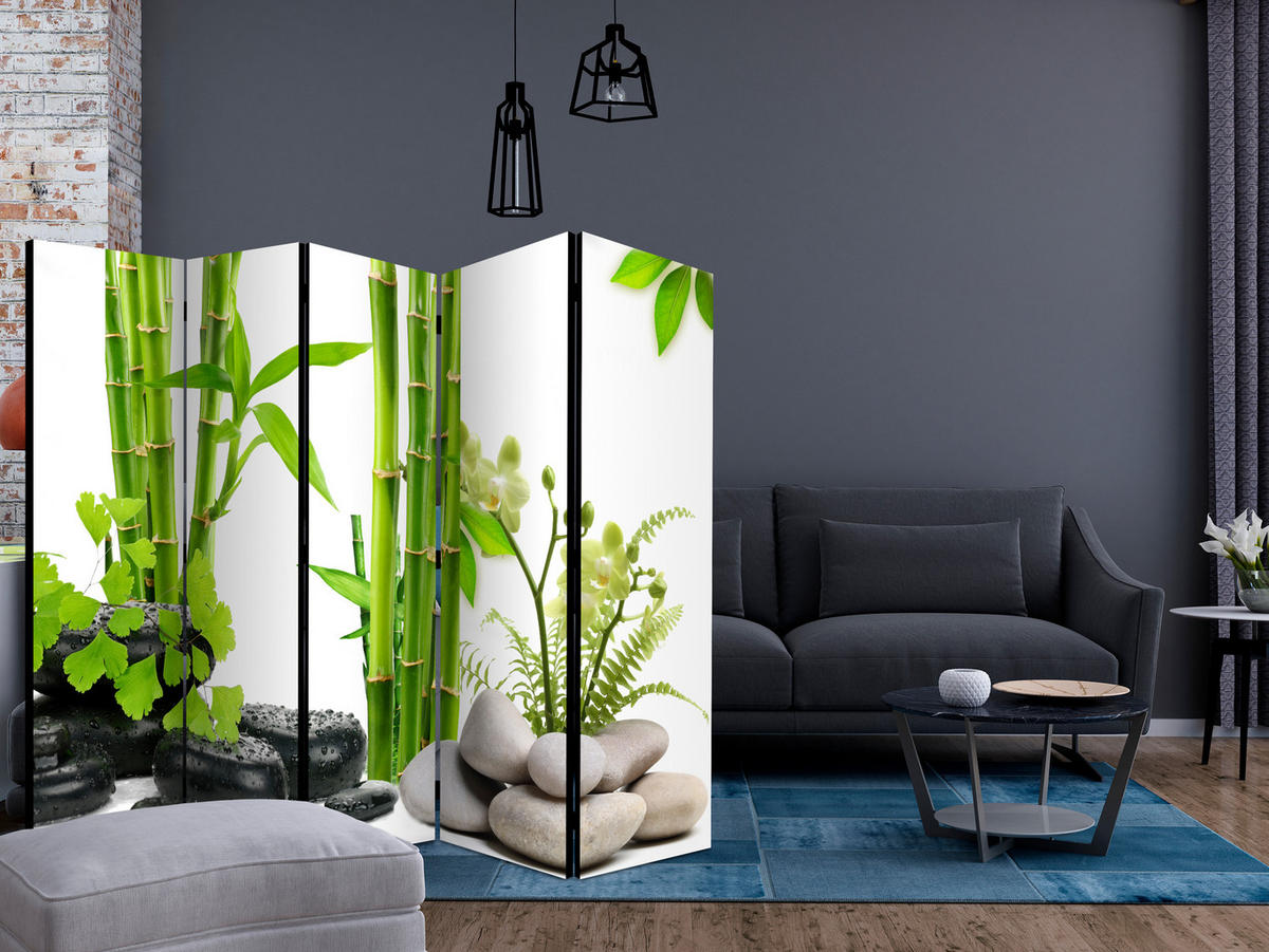 PARAVÁN Akustický 5-Dielny 225x172 cm Bambusy a Kamene - viacfarebná, drevo/textil (225/172/3cm) - Muralo