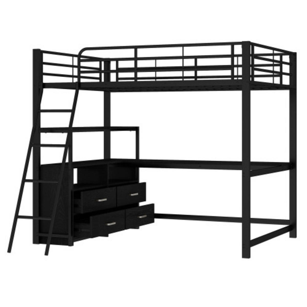 HOCHBETT 140 × 200 cm mit Metallrahmen, L-förmigem Schreibtisch und 4 Schubladen, schwarz - Schwarz, Metall - Luhomfu