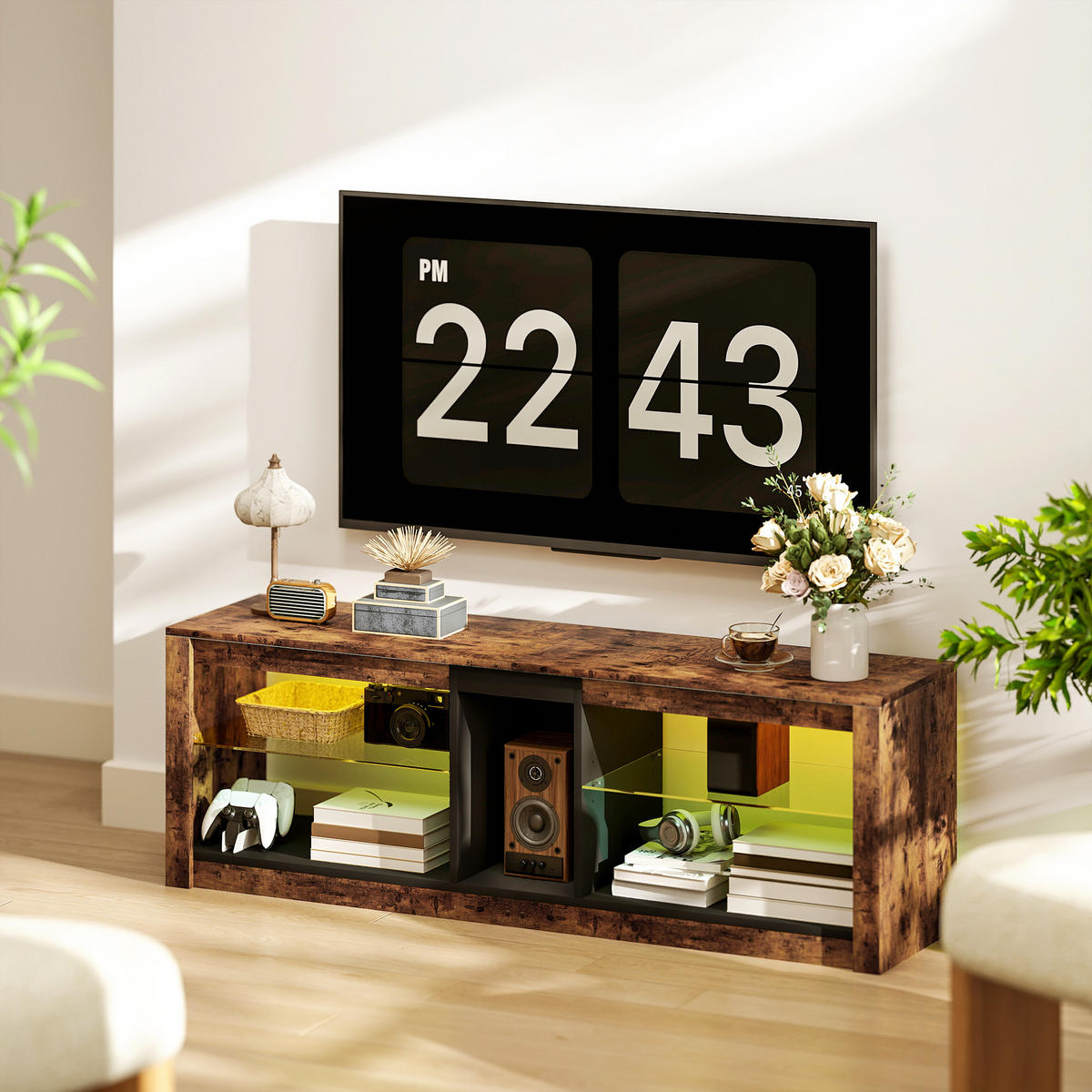 TV-LOWBOARD Braun 140/35/47 cm, LED-Beleuchtung, Glasböden - Braun, Holzwerkstoff (140/47/35cm) - PANGIVO