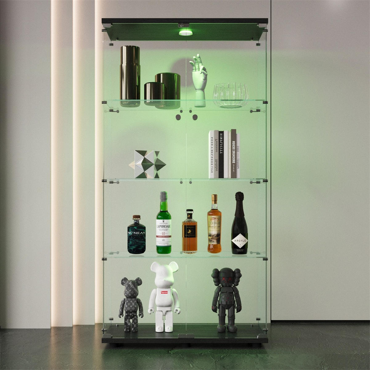 VITRINE mit LED Beleuchtung- Glaskvitrine mit 4 Ebenen und 2 Türen - für Wohnzimmer und Büro - Schwarz - Schwarz, Glas (80.49/163.9/36.49cm) - DELFA