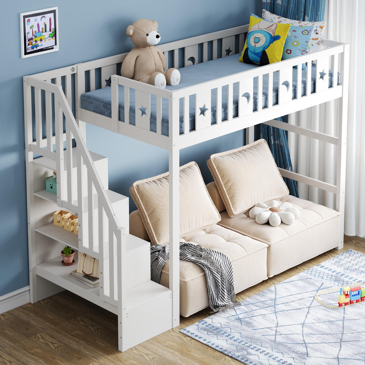 ETAGENBETT 90/200 cm Weiß aus Massivholz mit Treppe und Regal - Weiß, Holzwerkstoff (90/200cm) - OKWISH