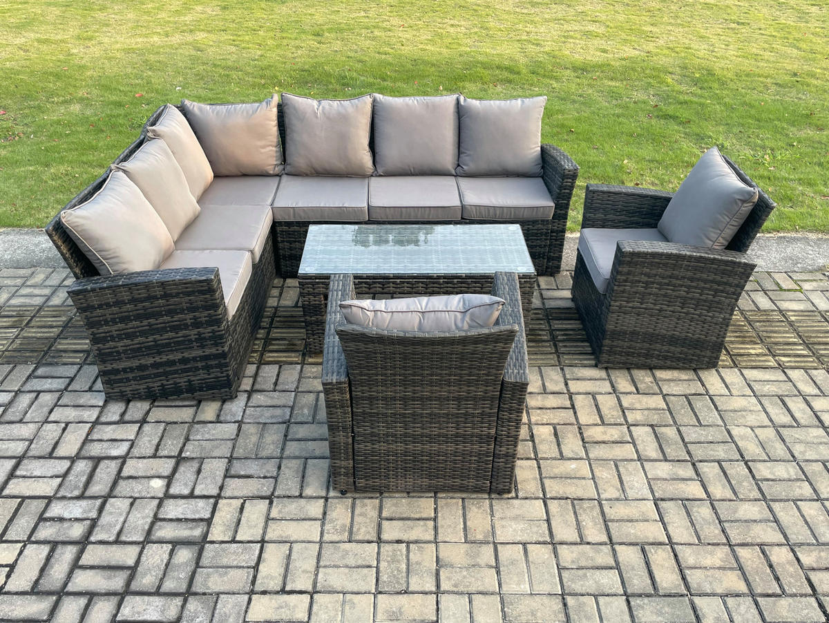 BALKONMÖBEL-SETS mit Ecksofa,Länglicher Couchtisch,2 Sesseln Polyrattan Dunkelgrau 8-Sitzer - Dunkelgrau/Grau, Glas/Kunststoff - Fimous
