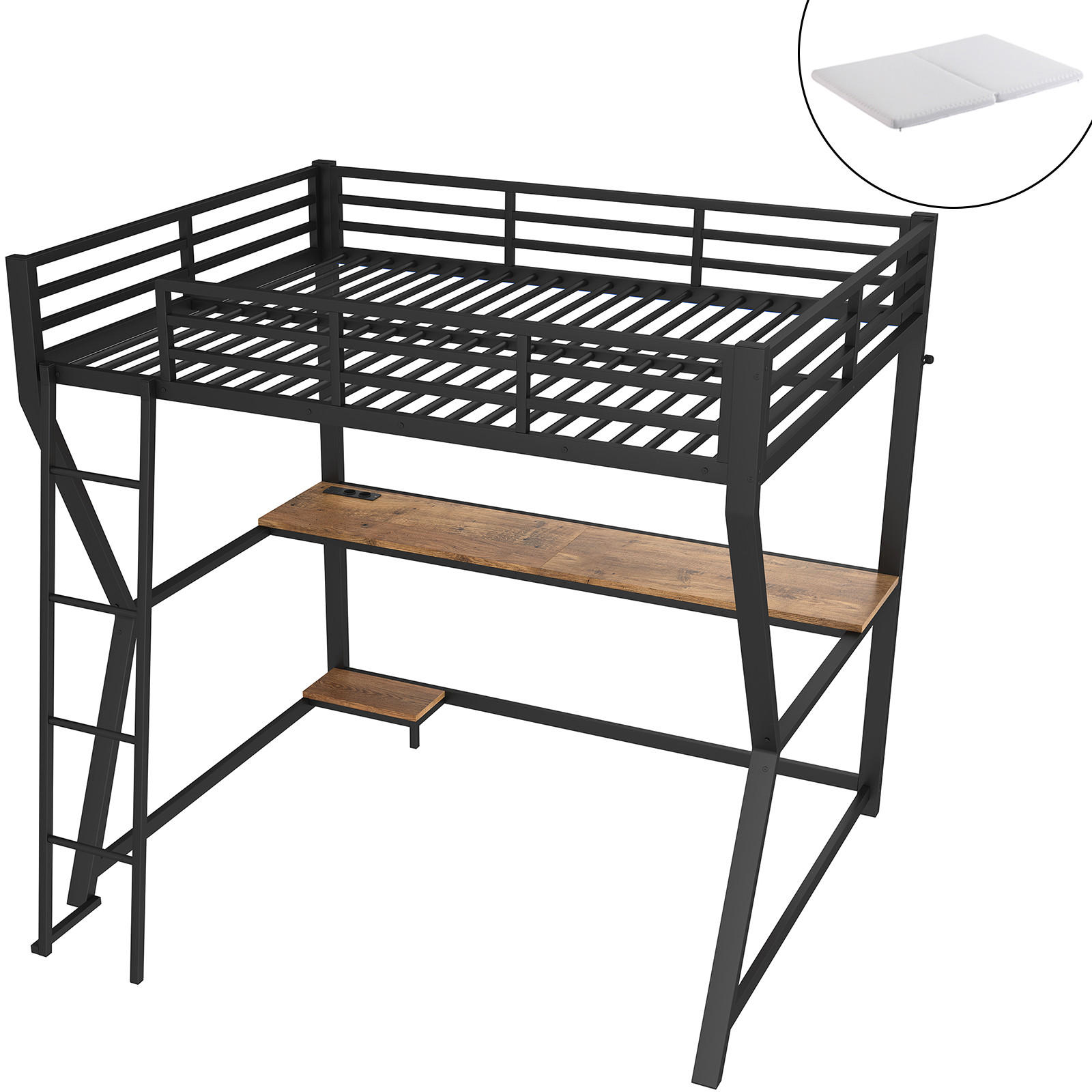 HOCHBETT 140/200 cm Schwarz mit LED-Leuchten und Schreibtisch mit Matratze - Schwarz, Metall (140/200cm) - OKWISH