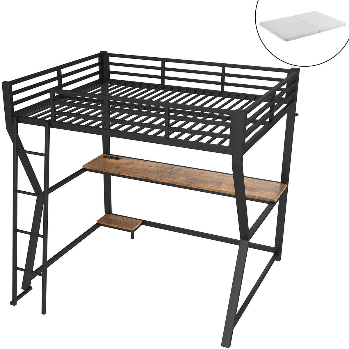 HOCHBETT 140/200 cm Schwarz mit LED-Leuchten und Schreibtisch mit Matratze - Schwarz, Metall (140/200cm) - OKWISH