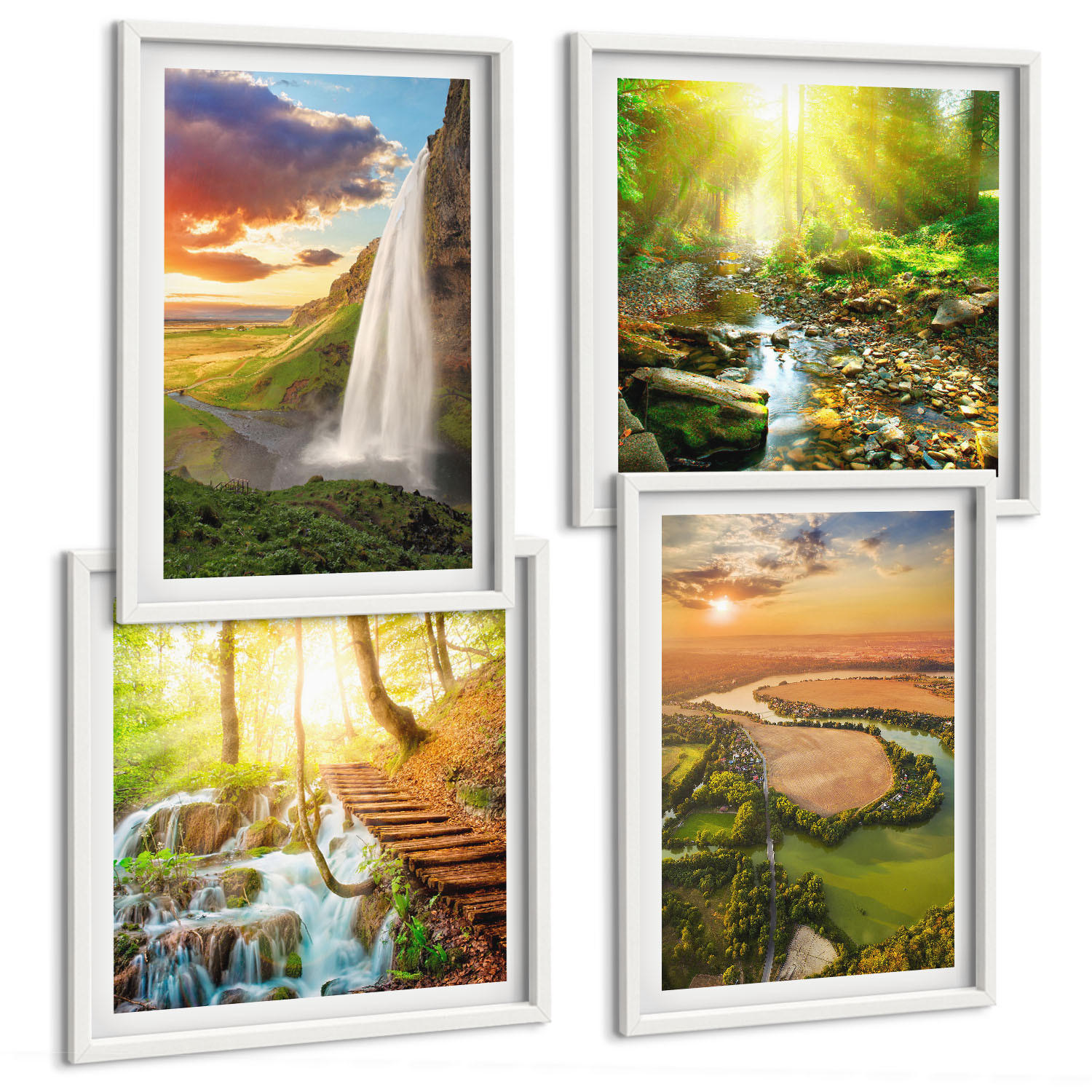 BILDER SET 4er Set - 50x50 cm & 40x60 cm Weißer Rahmen - Orange Mountain Wasserfall - Weiß, Kunststoff (50/50cm) - TULUP