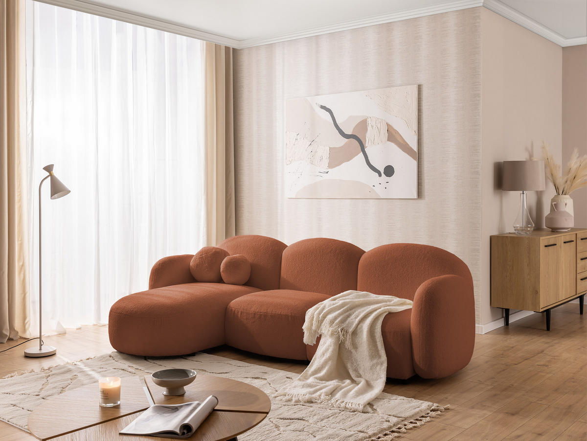 ECKSOFA Nuvola mit abgerundetem Design Terrakotta Bouclé-Stoff - Ottomane Links - Terra cotta/Schwarz, Holz/Kunststoff (268/146cm) - S-Style Möbel