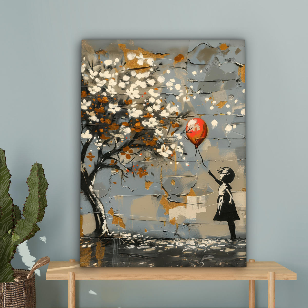 LEINWANDBILD Baum - Graffiti - Banksy-Stil - Ballon-Mädchen 60x80 cm - Blaugrau, Textil (60/80cm) - MuchoWow