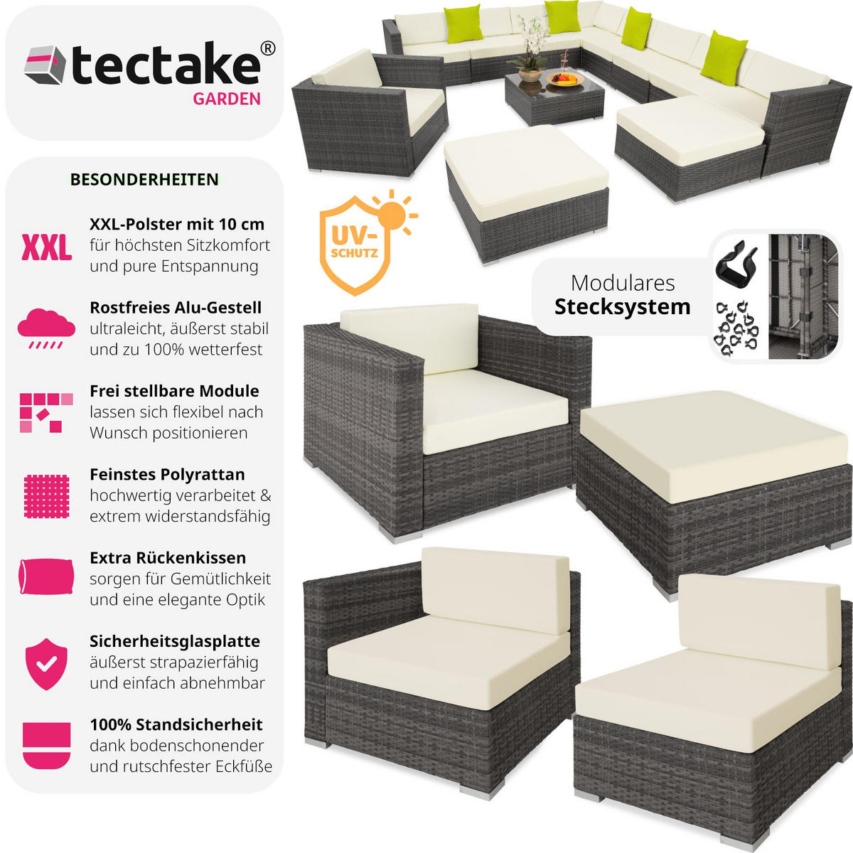 RATTANLOUNGE Las Vegas,mit Sicherheitsglasplatte,grau - Grau, Kunststoff - tectake