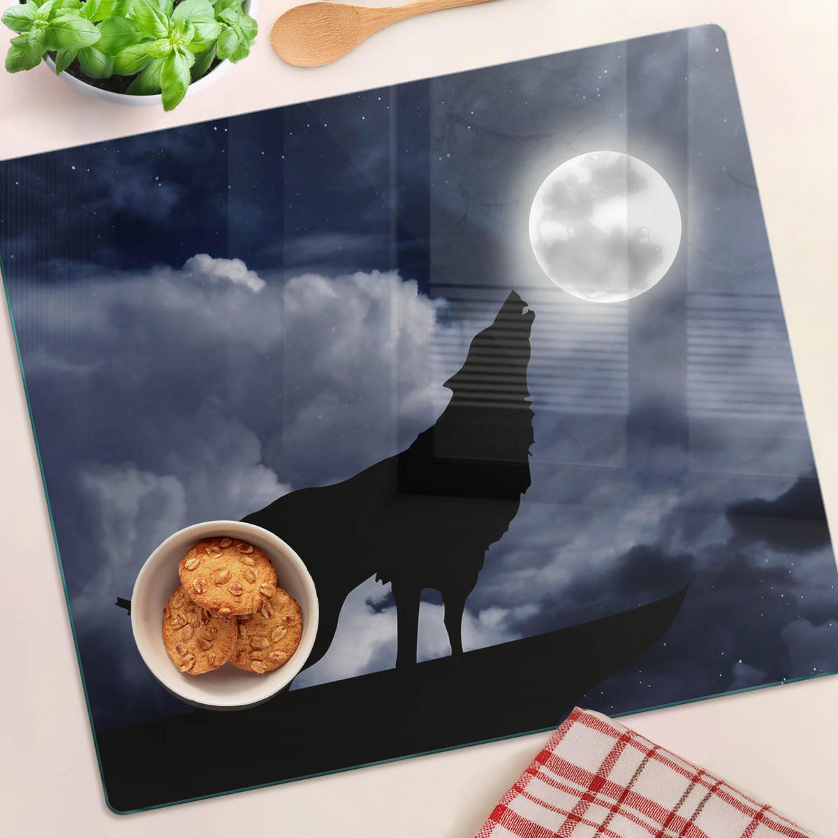 GLASPLATTE 60x52 cm Wolf Heute ist Vollmond - Schwarz, Glas (60/0.4/52cm) - TULUP