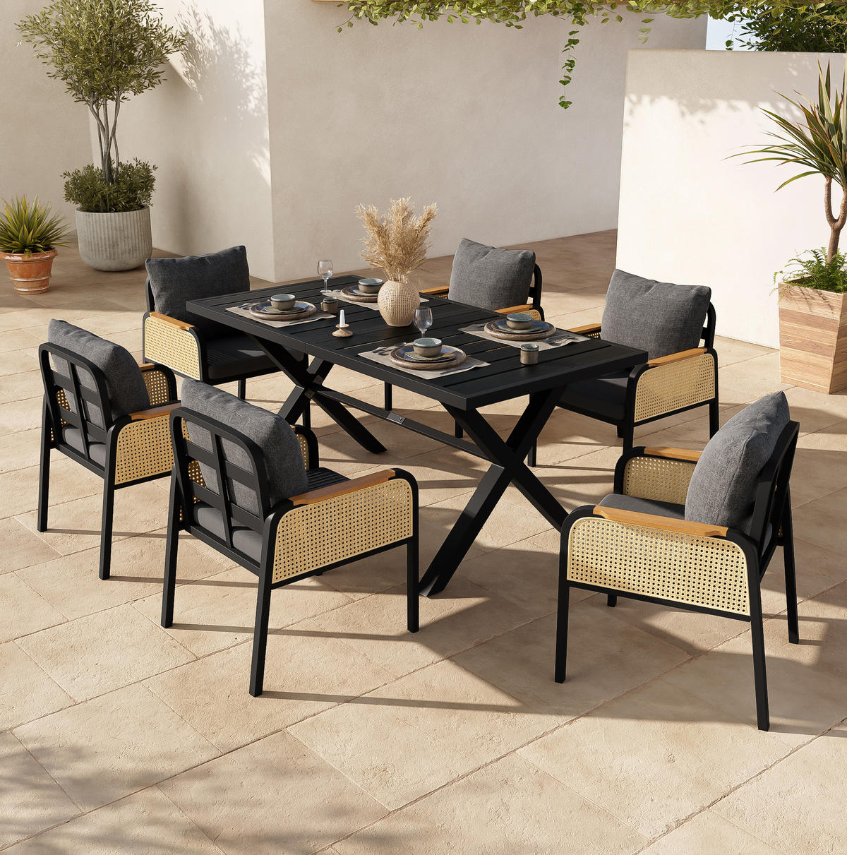 GARTENMÖBELSET 148/80/75 cm mit Tisch und 6 Stühlen, Rattan-Armlehnen und Polstern, Schwarz/Natur - Naturfarben, Metall - Redom