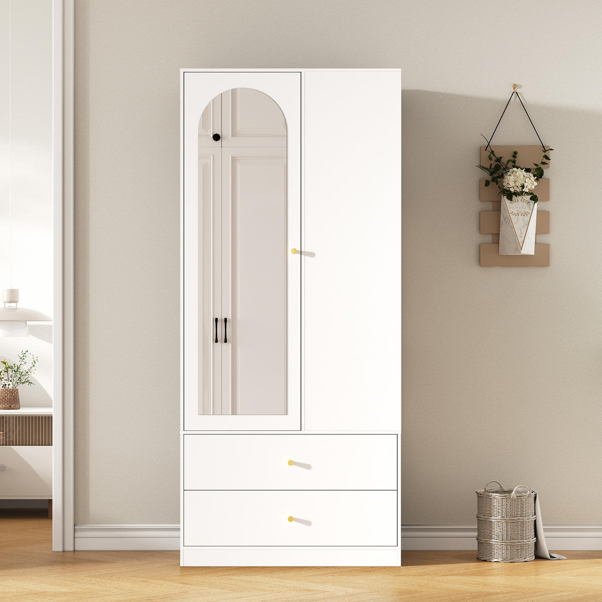 KLEIDERSCHRANK mit Spiegel 1 Tür Schubladen Weiß Modern - Weiß, Holzwerkstoff (80/180/40cm) - FLIEKS