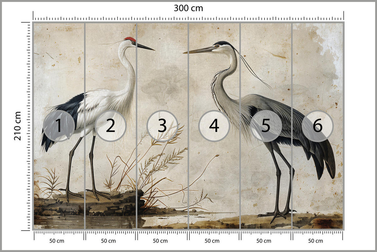 FOTOTAPETE Vögel Vögel Kranich Reiher Retro Stil 300x210 - Beige/Rot, Papier (300/210cm) - Muralo