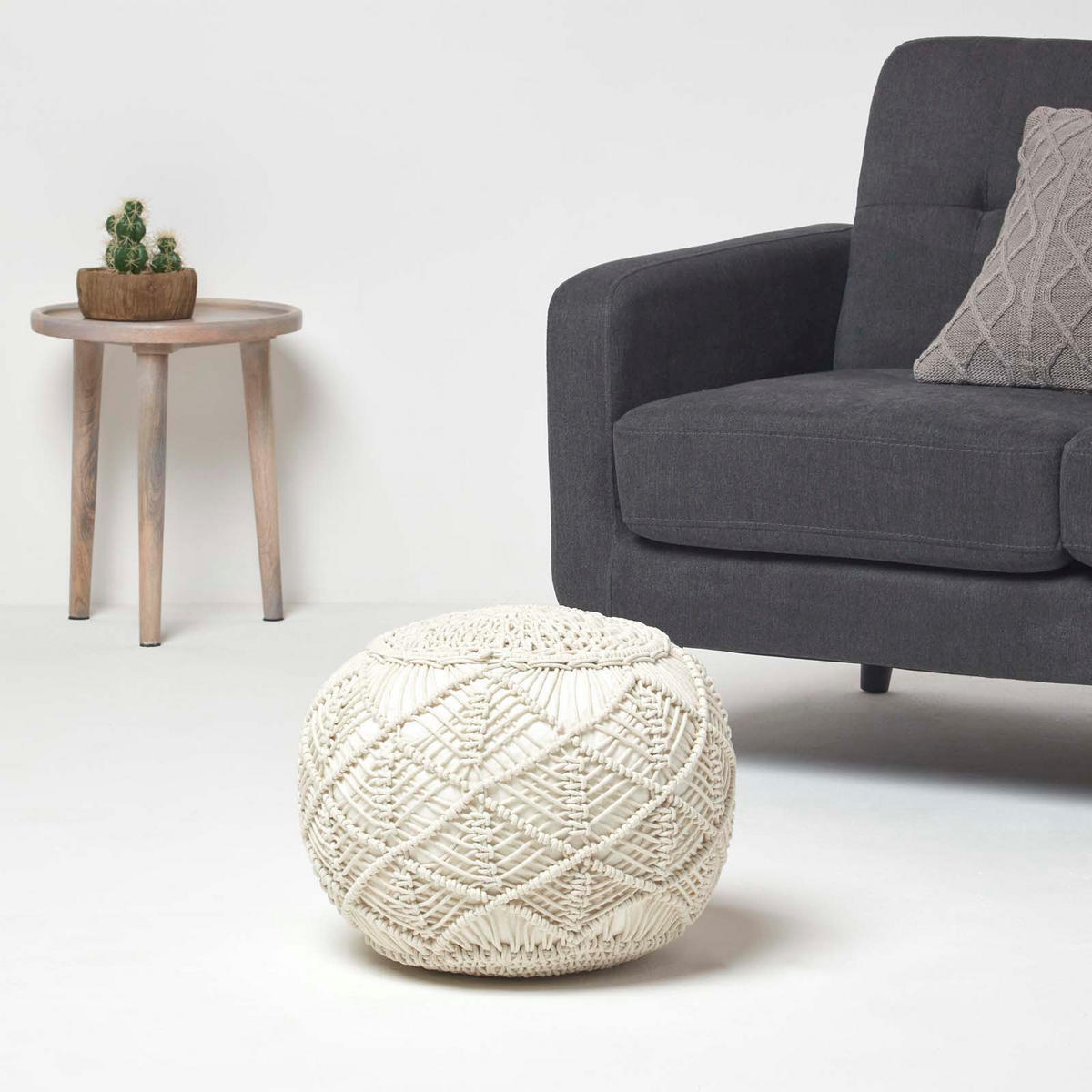 POUF creme im Makramee-Stil, 40/40/35 cm - Creme, Textil (40/35/40cm) - Homescapes