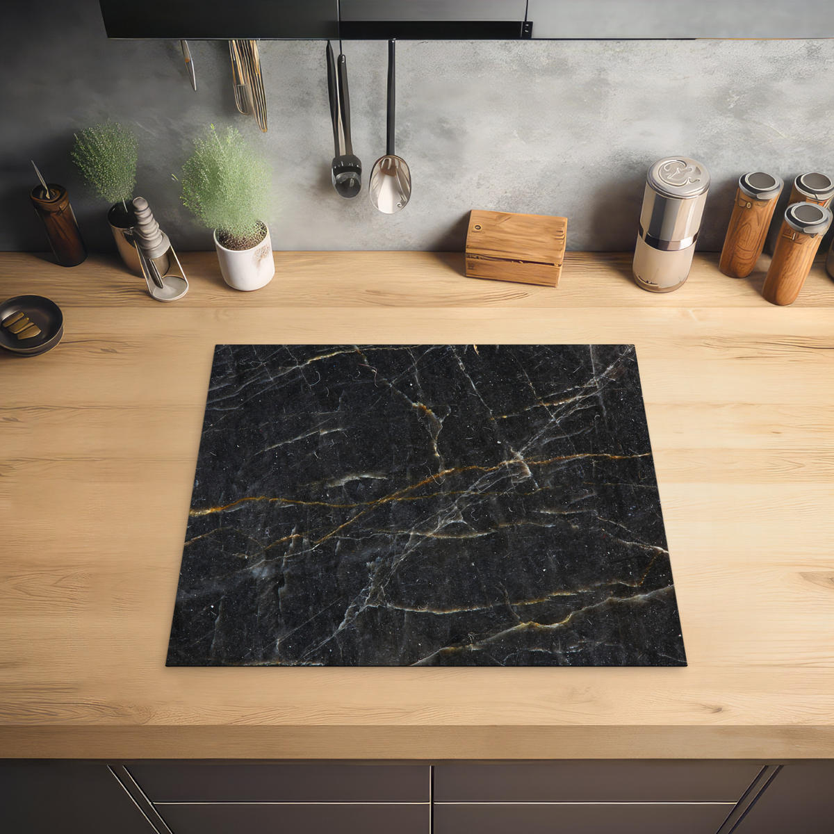 HERDABDECKPLATTE Marmor - Schwarz - Gold - Grau - Marmorstruktur 60x52 cm - Goldfarben, Kunststoff (60/0.2/52cm) - MuchoWow