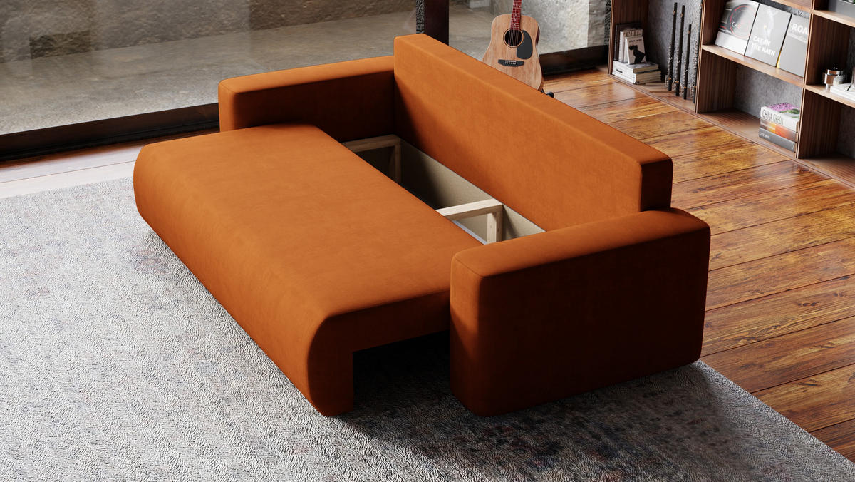 SOFA Bubi mit Bettkasten und Schlaffunktion, Velourstoff - Rostfarben, Holzwerkstoff (242/85/95cm)